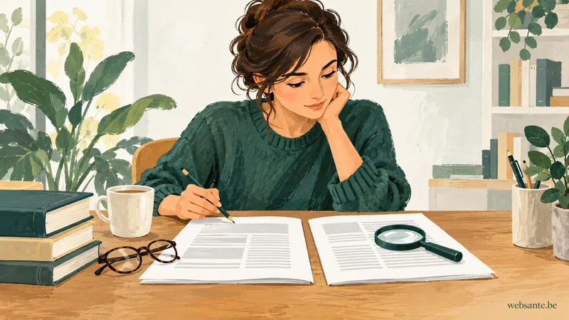 Illustration d’une personne comparant deux documents avec une loupe et un crayon.